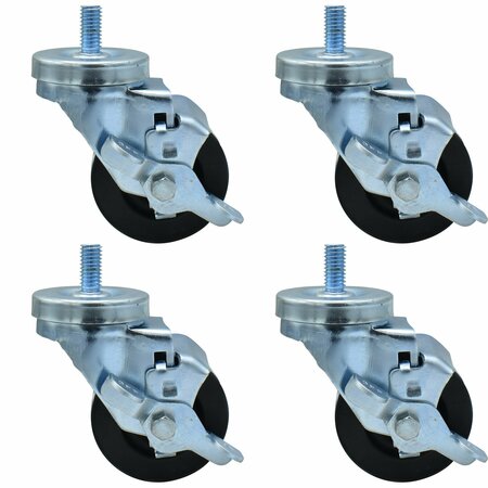 BK RESOURCES 3-inch Threaded Stem Casters, Hard Rubber Wheels, Brake, 300lb Cap, Grease/Water Resistant, 4PK 3SBR-4ST-HR-PS4